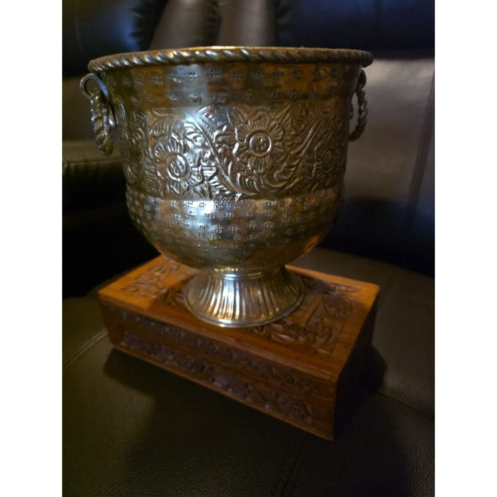 Ice Bucket Antique Brass Hammered Rope Handles
